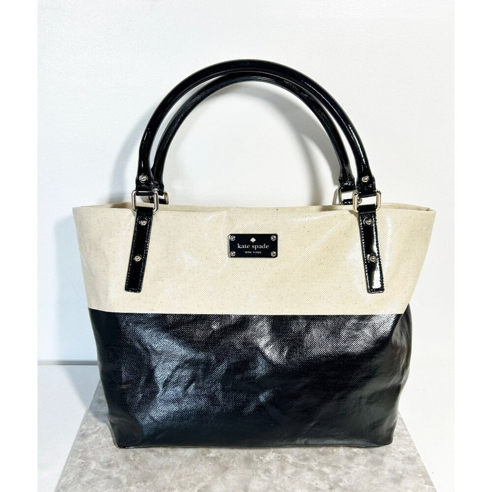 Kate Spade Canvas Patent Leather Tote Bag in Natural & Black